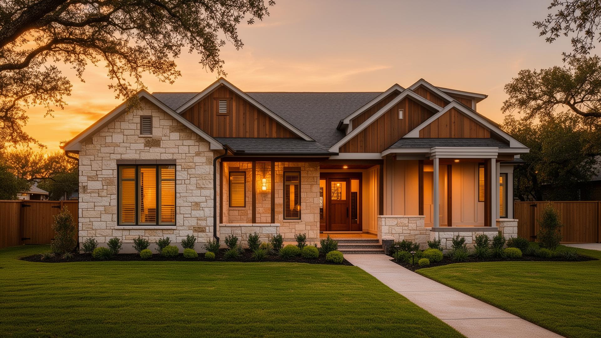 Custom-built Texas craftsman home at golden hour
